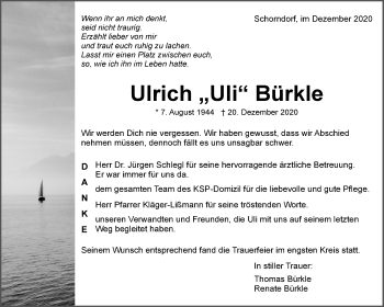 Traueranzeige von Ulrich  Bürkle von Waiblinger Kreiszeitung