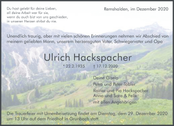 Traueranzeige von Ulrich Hackspacher von Waiblinger Kreiszeitung