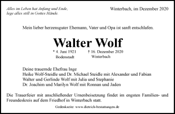 Traueranzeige von Walter Wolf von Waiblinger Kreiszeitung