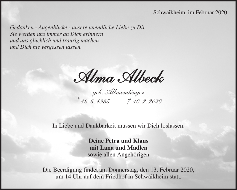  Traueranzeige für Alma Albeck vom 11.02.2020 aus Waiblinger Kreiszeitung