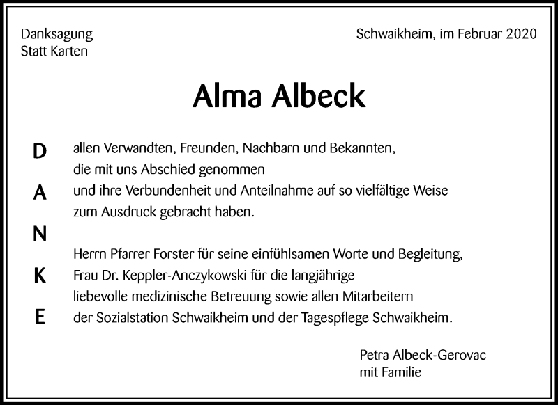  Traueranzeige für Alma Albeck vom 27.02.2020 aus Waiblinger Kreiszeitung