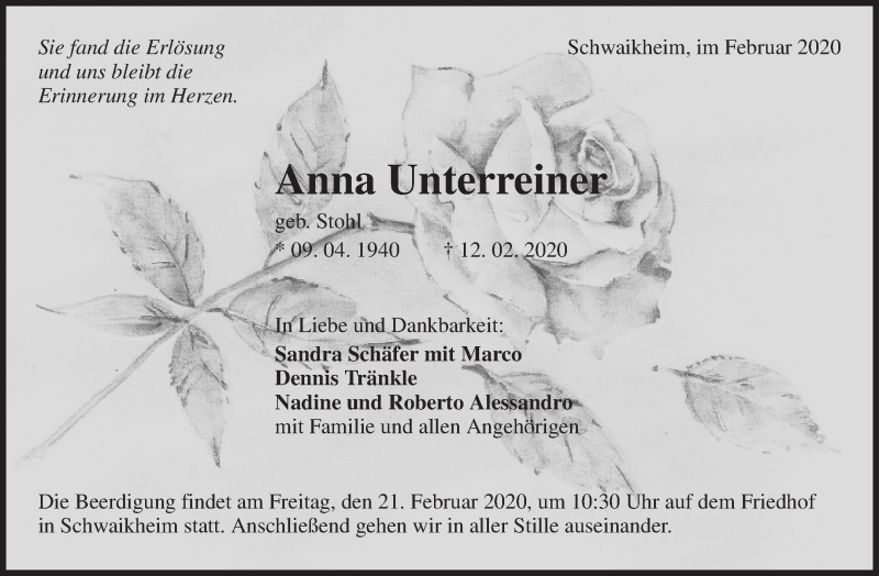  Traueranzeige für Anna Unterreiner vom 17.02.2020 aus Waiblinger Kreiszeitung