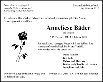 Traueranzeige von Anneliese Bäder von Waiblinger Kreiszeitung