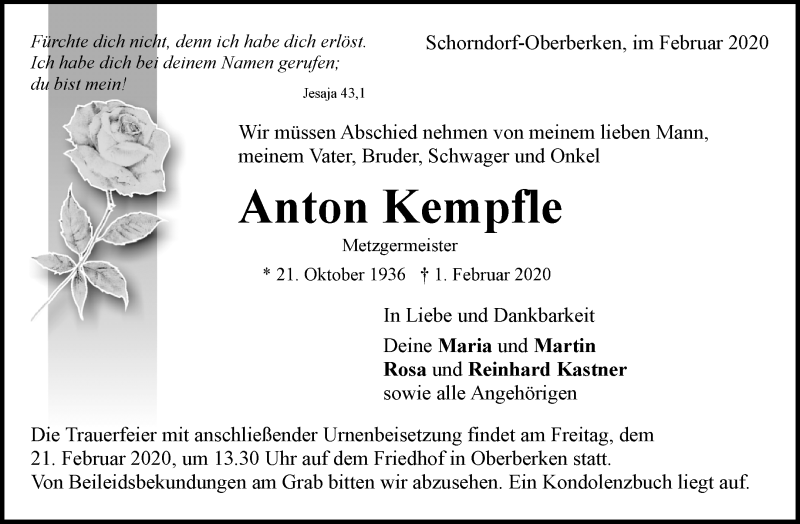  Traueranzeige für Anton Kempfle vom 11.02.2020 aus Waiblinger Kreiszeitung