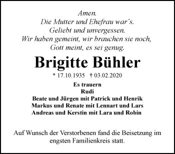 Traueranzeige von Brigitte Bühler von Waiblinger Kreiszeitung