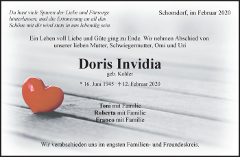 Traueranzeige von Doris Invidia von Waiblinger Kreiszeitung