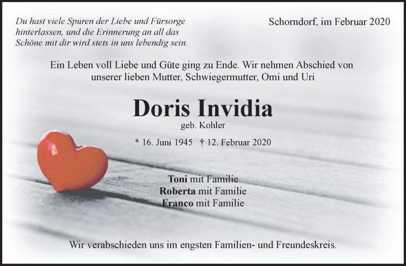  Traueranzeige für Doris Invidia vom 22.02.2020 aus Waiblinger Kreiszeitung