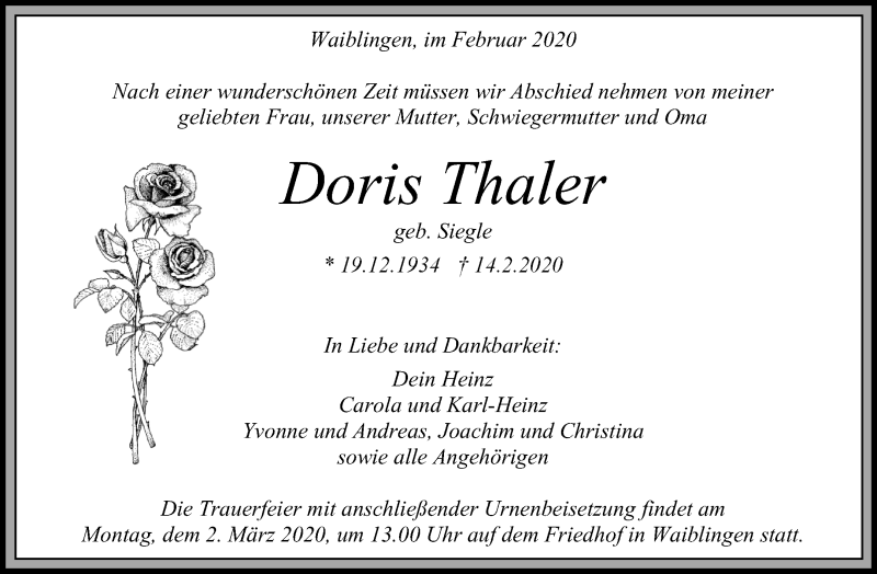  Traueranzeige für Doris Thaler vom 26.02.2020 aus Waiblinger Kreiszeitung