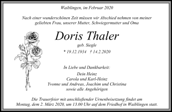 Traueranzeige von Doris Thaler von Waiblinger Kreiszeitung