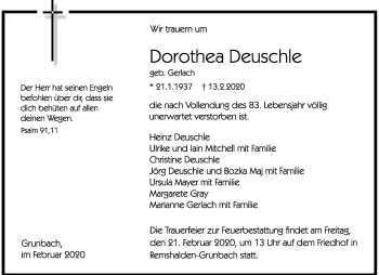 Traueranzeige von Dorothea Deuschle von Waiblinger Kreiszeitung