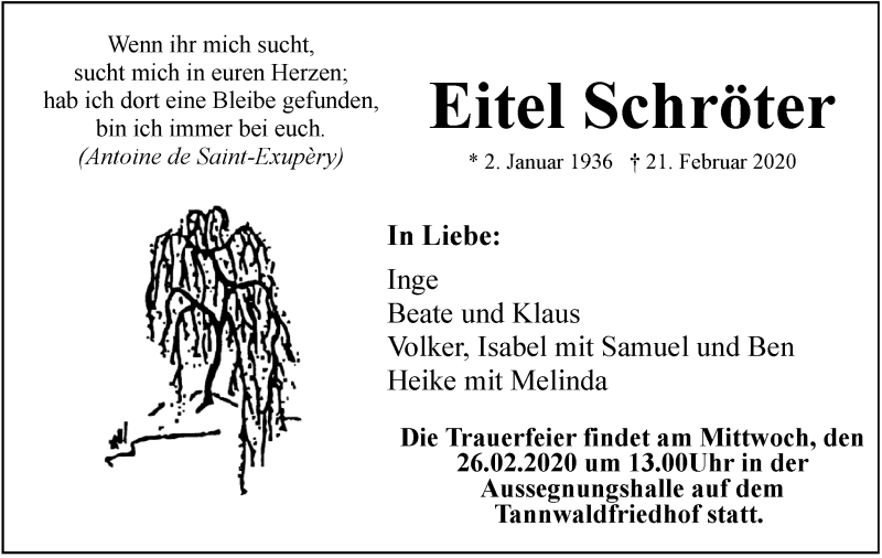  Traueranzeige für Eitel Schröter vom 24.02.2020 aus Waiblinger Kreiszeitung