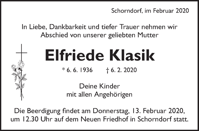  Traueranzeige für Elfriede Klasik vom 11.02.2020 aus Waiblinger Kreiszeitung