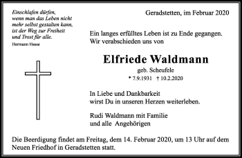 Traueranzeige von Elfriede Waldmann von Waiblinger Kreiszeitung
