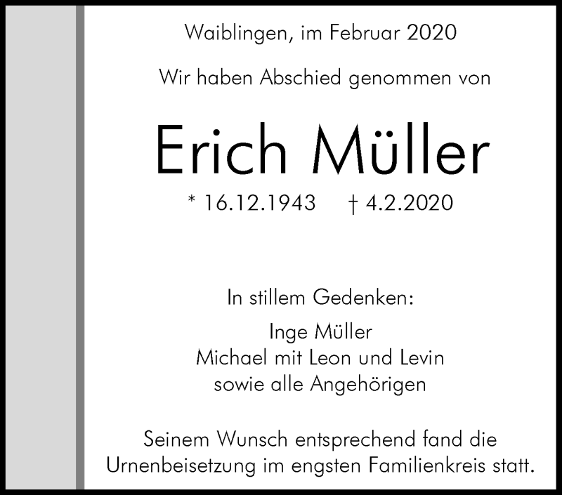  Traueranzeige für Erich Müller vom 29.02.2020 aus Waiblinger Kreiszeitung