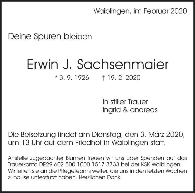  Traueranzeige für Erwin J. Sachsenmaier vom 27.02.2020 aus Waiblinger Kreiszeitung