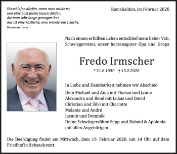 Traueranzeige von Fredo Irmscher von Waiblinger Kreiszeitung