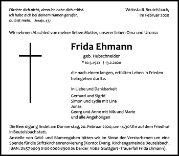 Traueranzeige von Frida Ehmann von Waiblinger Kreiszeitung