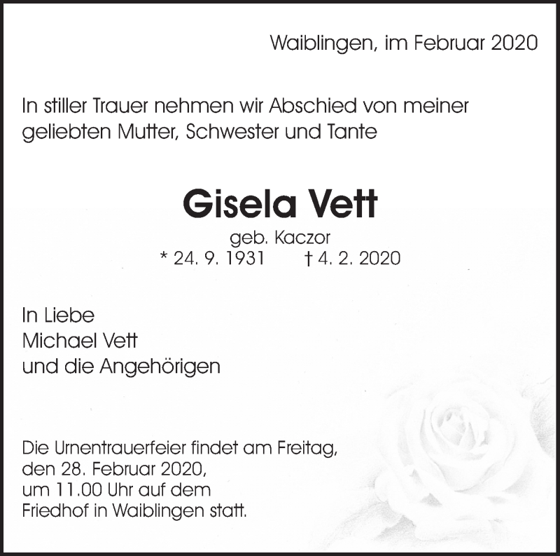  Traueranzeige für Gisela Vett vom 13.02.2020 aus Waiblinger Kreiszeitung