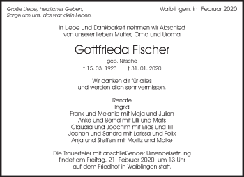 Traueranzeige von Gottfrieda Fischer von Waiblinger Kreiszeitung