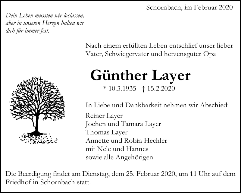  Traueranzeige für Günther Layer vom 19.02.2020 aus Waiblinger Kreiszeitung