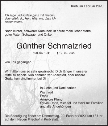 Traueranzeige von Günther Schmalzried von Waiblinger Kreiszeitung