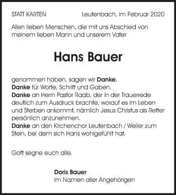 Traueranzeige von Hans Bauer von Waiblinger Kreiszeitung
