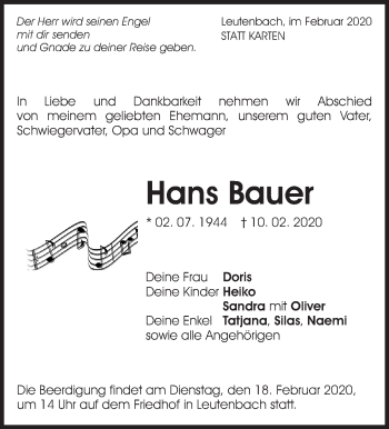 Traueranzeige von Hans Bauer von Waiblinger Kreiszeitung