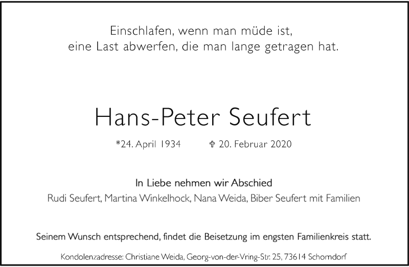  Traueranzeige für Hans-Peter Seufert vom 22.02.2020 aus Waiblinger Kreiszeitung