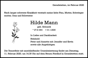 Traueranzeige von Hilde Mann von Waiblinger Kreiszeitung