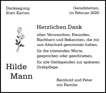 Traueranzeige von Hilde Mann von Waiblinger Kreiszeitung