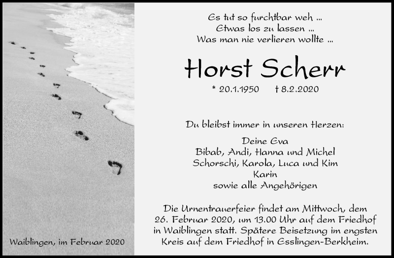  Traueranzeige für Horst Scherr vom 20.02.2020 aus Waiblinger Kreiszeitung