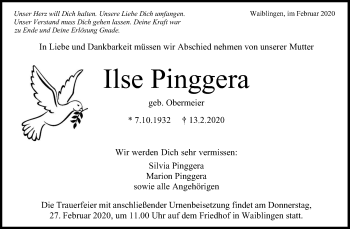 Traueranzeige von Ilse Pinggera von Waiblinger Kreiszeitung