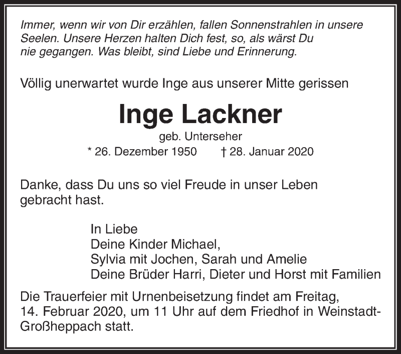  Traueranzeige für Inge Lackner vom 12.02.2020 aus Waiblinger Kreiszeitung