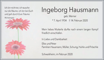 Traueranzeige von Ingeborg Hausmann von Waiblinger Kreiszeitung