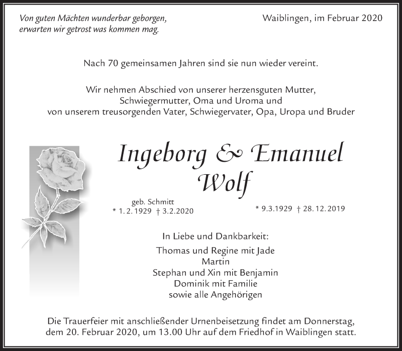  Traueranzeige für Ingeborg und Emanuel Wolf vom 15.02.2020 aus Waiblinger Kreiszeitung