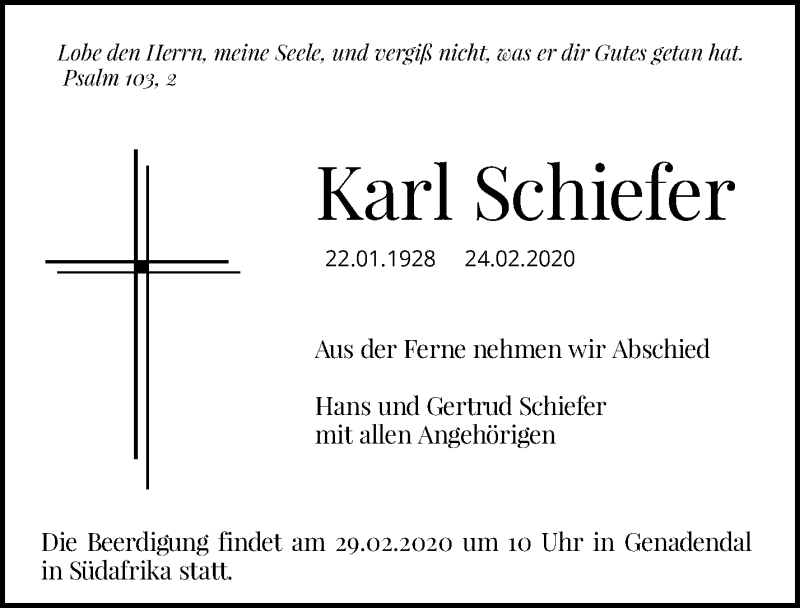  Traueranzeige für Karl Schiefer vom 28.02.2020 aus Waiblinger Kreiszeitung