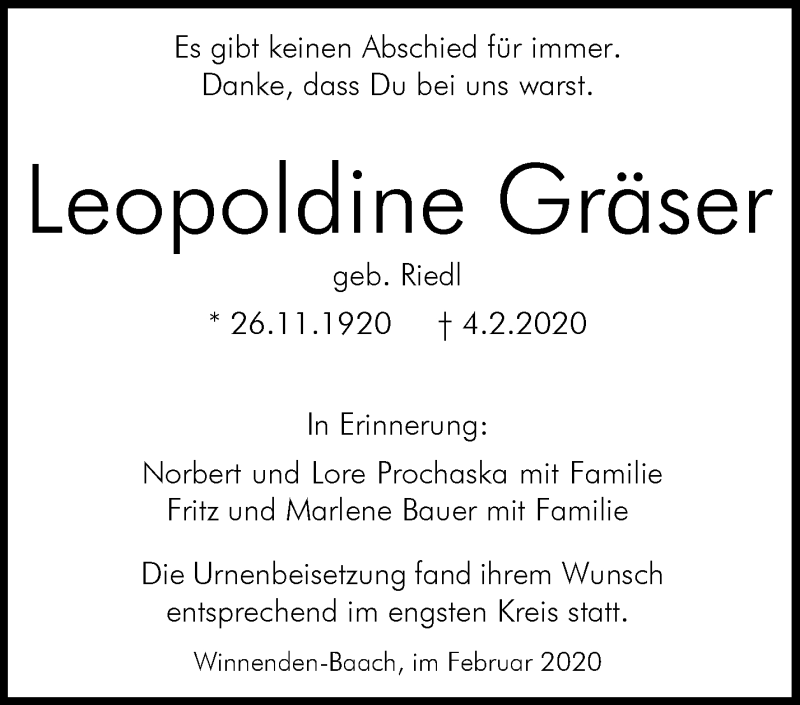  Traueranzeige für Leopoldine Gräser vom 15.02.2020 aus Waiblinger Kreiszeitung