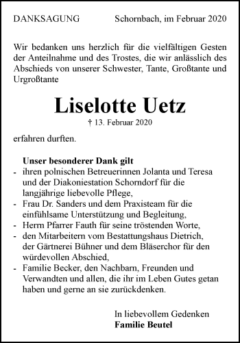 Traueranzeige von Liselotte Uetz von Waiblinger Kreiszeitung