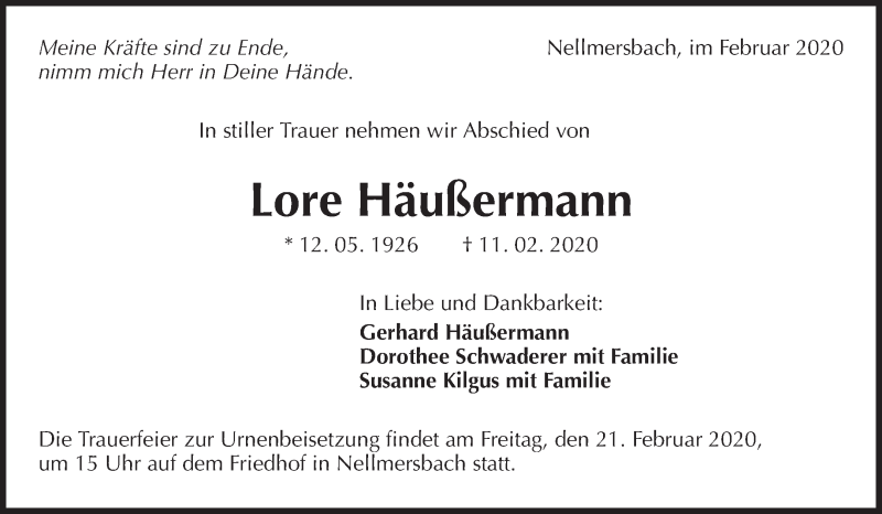  Traueranzeige für Lore Häußermann vom 18.02.2020 aus Waiblinger Kreiszeitung