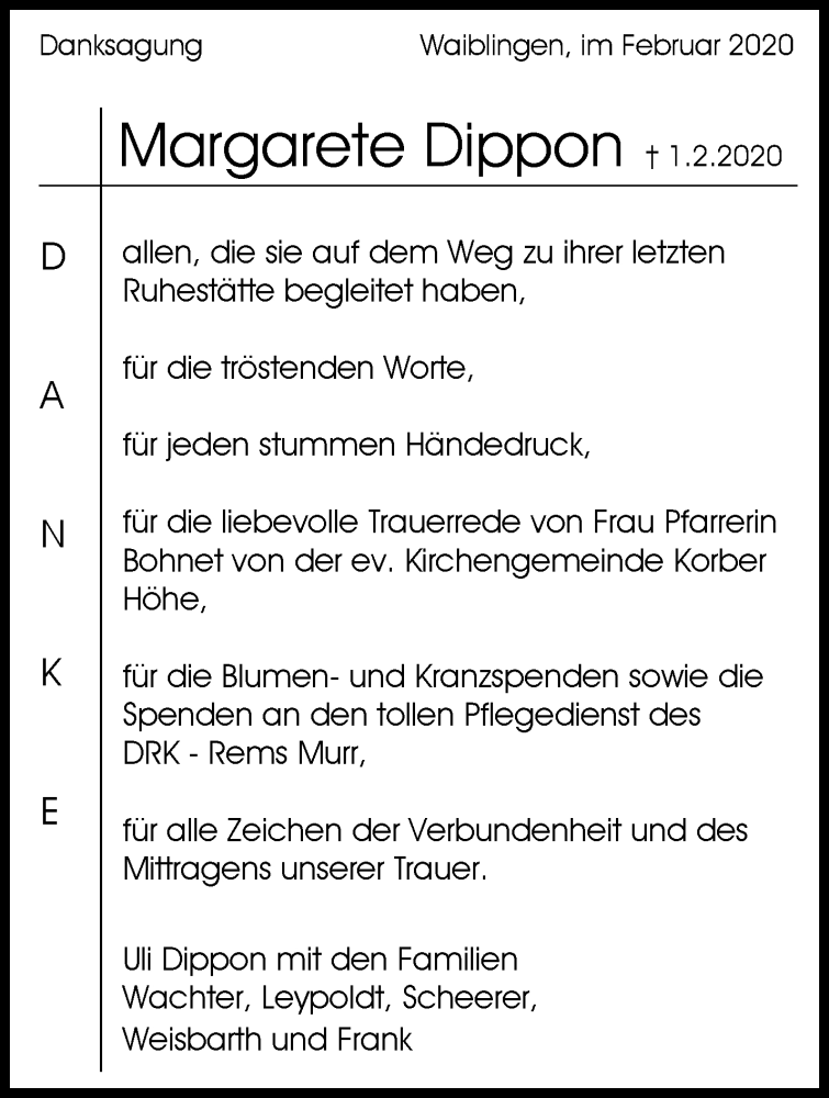  Traueranzeige für Margarete Dippon vom 20.02.2020 aus Waiblinger Kreiszeitung