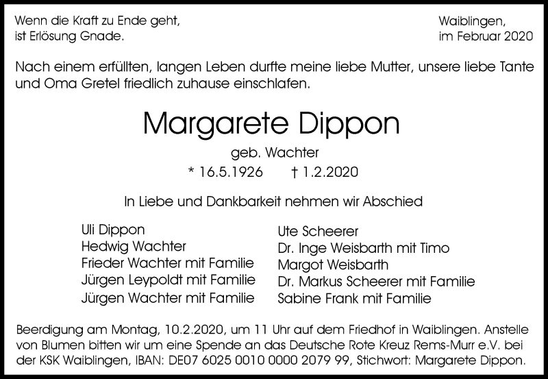  Traueranzeige für Margarete Dippon vom 05.02.2020 aus Waiblinger Kreiszeitung