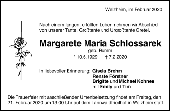 Traueranzeige von Margarete Maria Schlossarek von Waiblinger Kreiszeitung