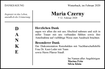 Traueranzeige von Maria Czerny von Waiblinger Kreiszeitung
