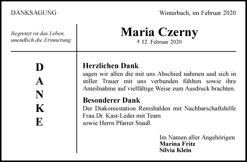  Traueranzeige für Maria Czerny vom 26.02.2020 aus Waiblinger Kreiszeitung