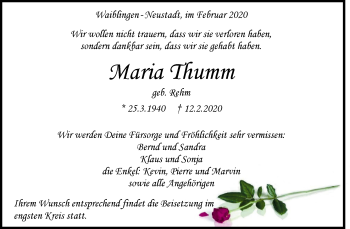 Traueranzeige von Maria Thumm von Waiblinger Kreiszeitung