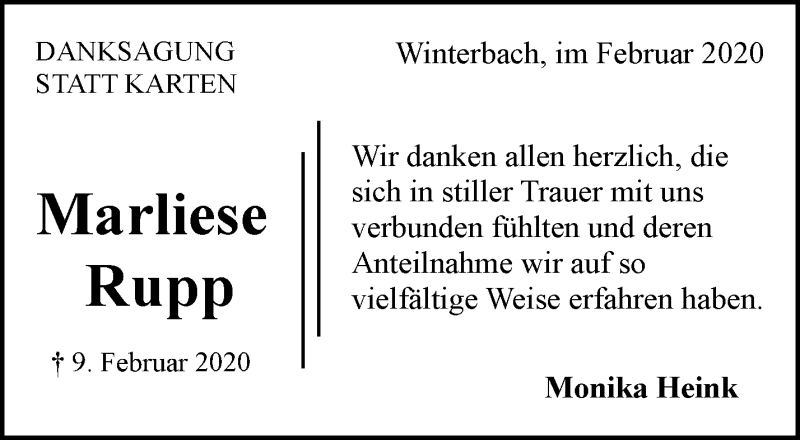  Traueranzeige für Marliese Rupp vom 26.02.2020 aus Waiblinger Kreiszeitung
