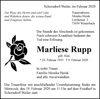 Traueranzeige von Marliese Rupp von Waiblinger Kreiszeitung