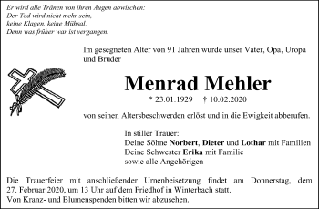 Traueranzeige von Menrad Mehler von Waiblinger Kreiszeitung