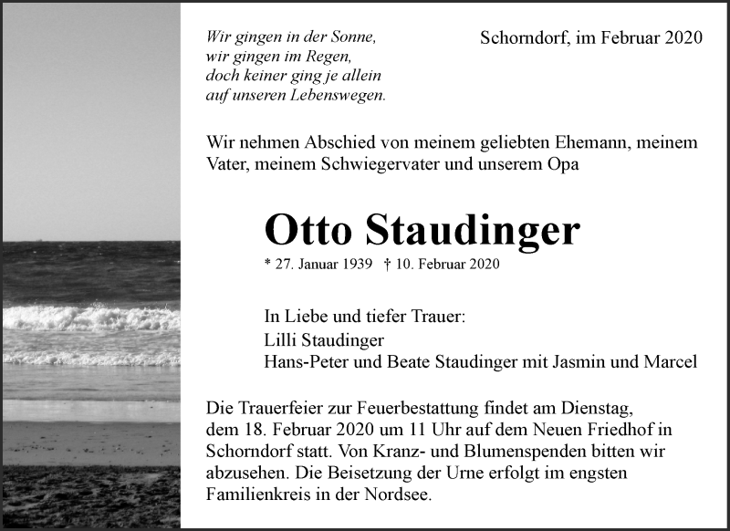  Traueranzeige für Otto Staudinger vom 14.02.2020 aus Waiblinger Kreiszeitung