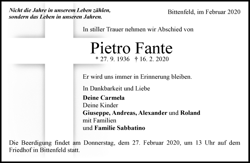  Traueranzeige für Pietro Fante vom 24.02.2020 aus Waiblinger Kreiszeitung